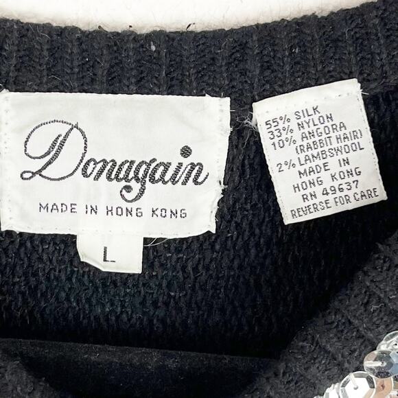 Vintage 90s Sweater Black Angora Silk Lambswool Sequin Design Dolman Sleeve - Picture 6 of 7